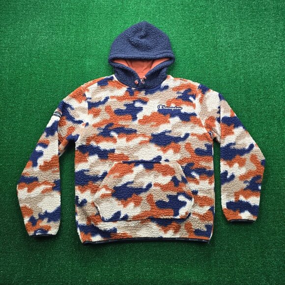 Champion Hoodie Mens Medium Brown Blue Sherpa Camo Fleece Pullover Sweatshirt - Picture 1 of 12